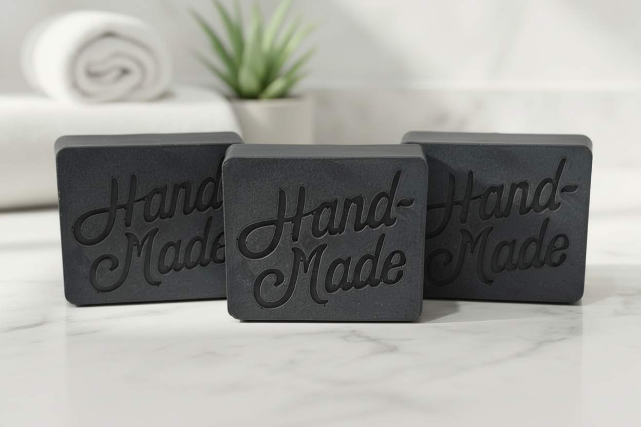 Three blocks of black soap with 'Hand-Made' text on a marble surface.