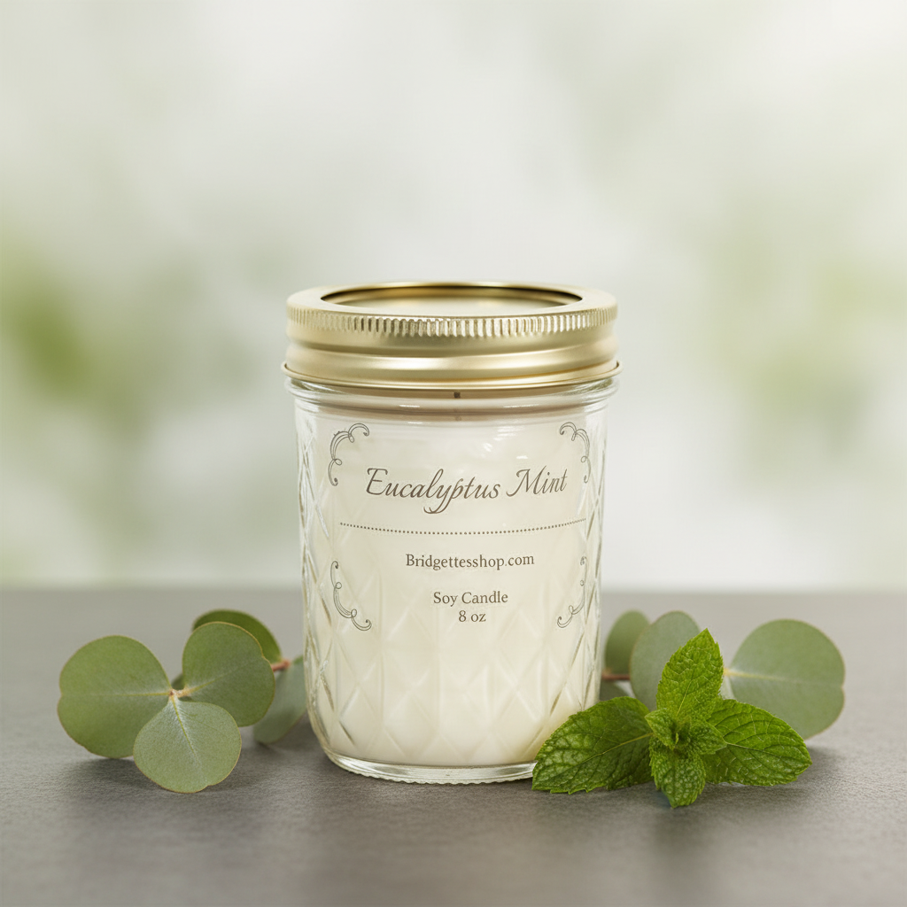 Glass candle with gold lid and eucalyptus leaves on a neutral background