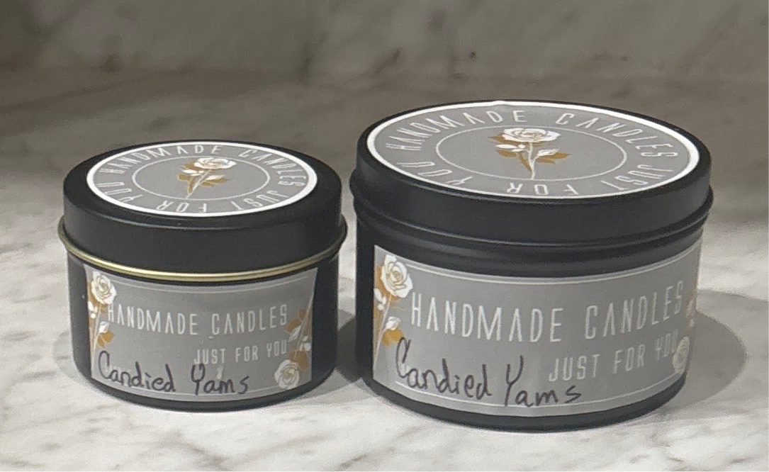 Candied Yams (Holiday Scented) 100% Soy Wax Candle 4 ounce or 8 ounce Black Matte Container Tin