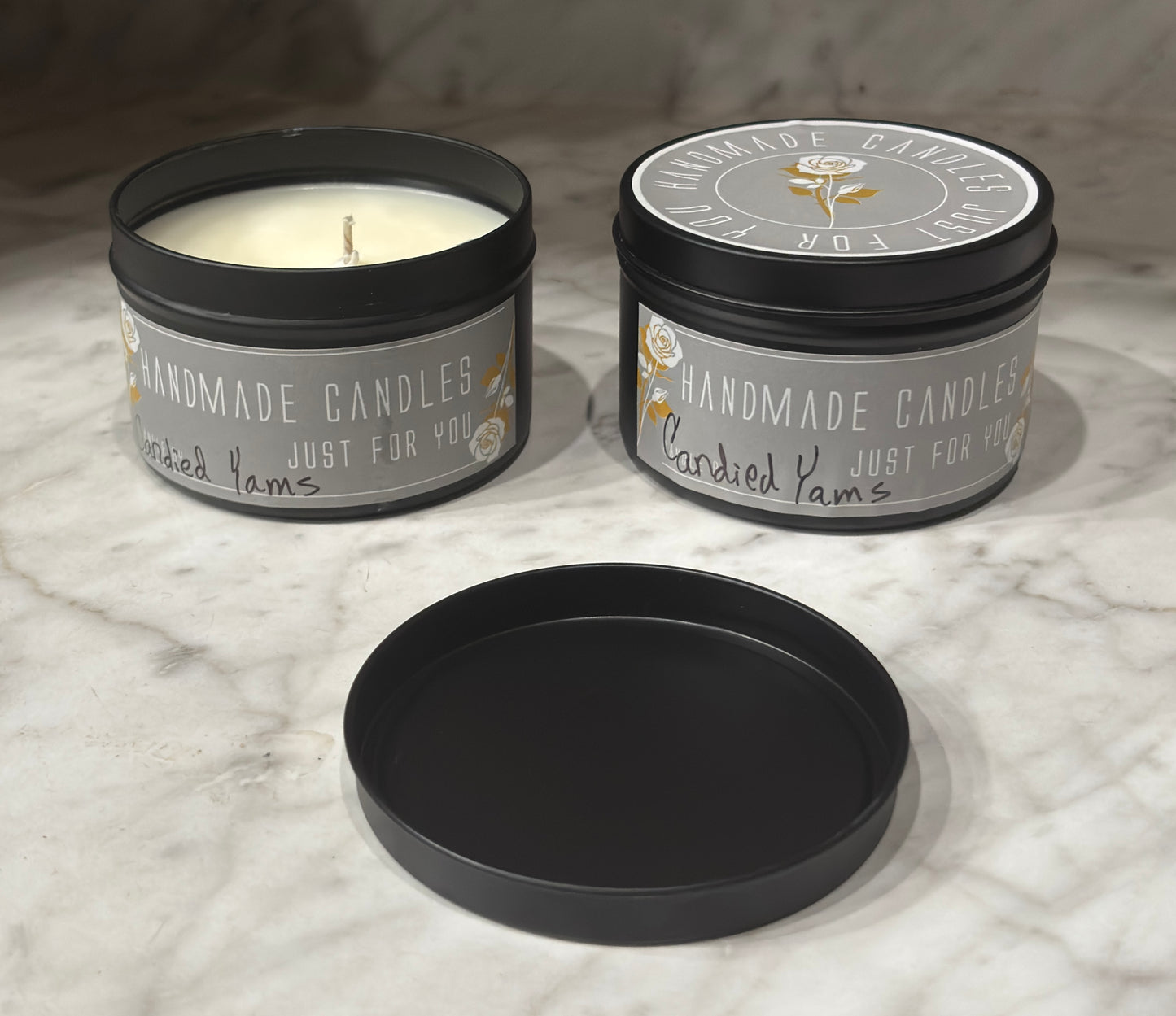 Candied Yams (Holiday Scented) 100% Soy Wax Candle 4 ounce or 8 ounce Black Matte Container Tin