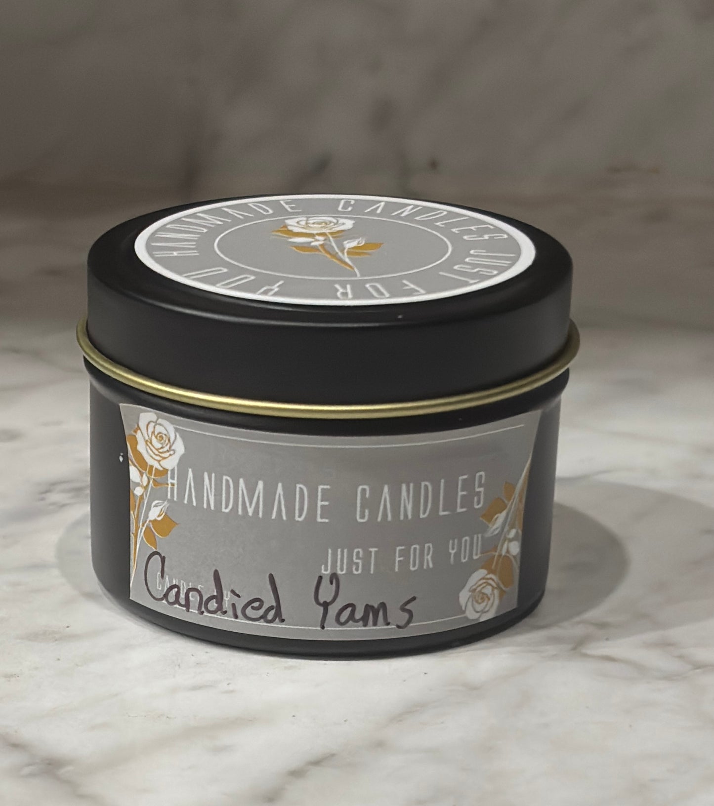 Candied Yams (Holiday Scented) 100% Soy Wax Candle 4 ounce or 8 ounce Black Matte Container Tin