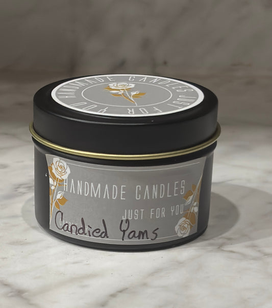 Candied Yams (Holiday Scented) 100% Soy Wax Candle 4 ounce or 8 ounce Black Matte Container Tin