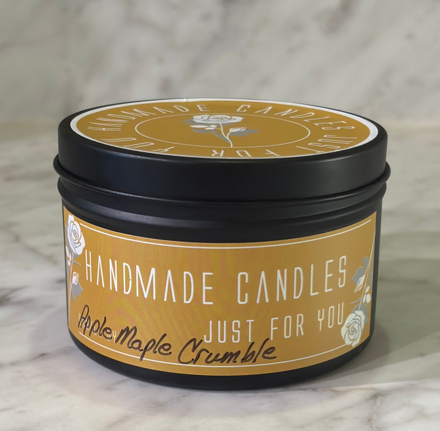 Apple Maple Crumble (Holiday Scented) 100% Soy Wax Candle 4 ounce or 8 ounce Black Matte Container Tin
