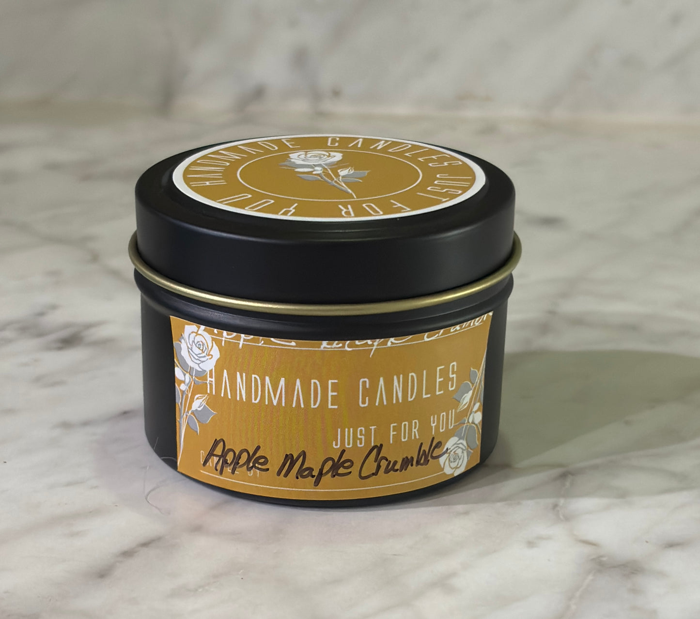 Apple Maple Crumble (Holiday Scented) 100% Soy Wax Candle 4 ounce or 8 ounce Black Matte Container Tin
