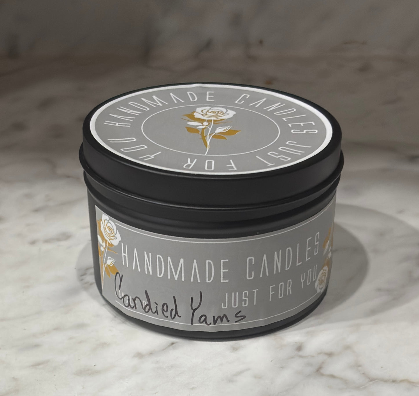 Candied Yams (Holiday Scented) 100% Soy Wax Candle 4 ounce or 8 ounce Black Matte Container Tin