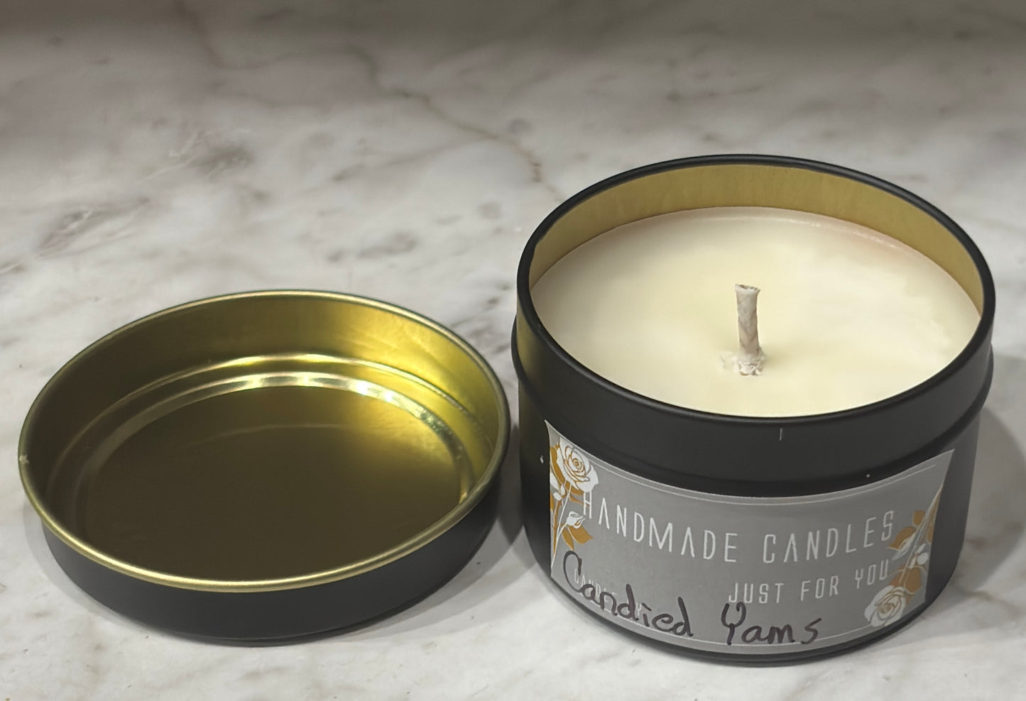 Candied Yams (Holiday Scented) 100% Soy Wax Candle 4 ounce or 8 ounce Black Matte Container Tin
