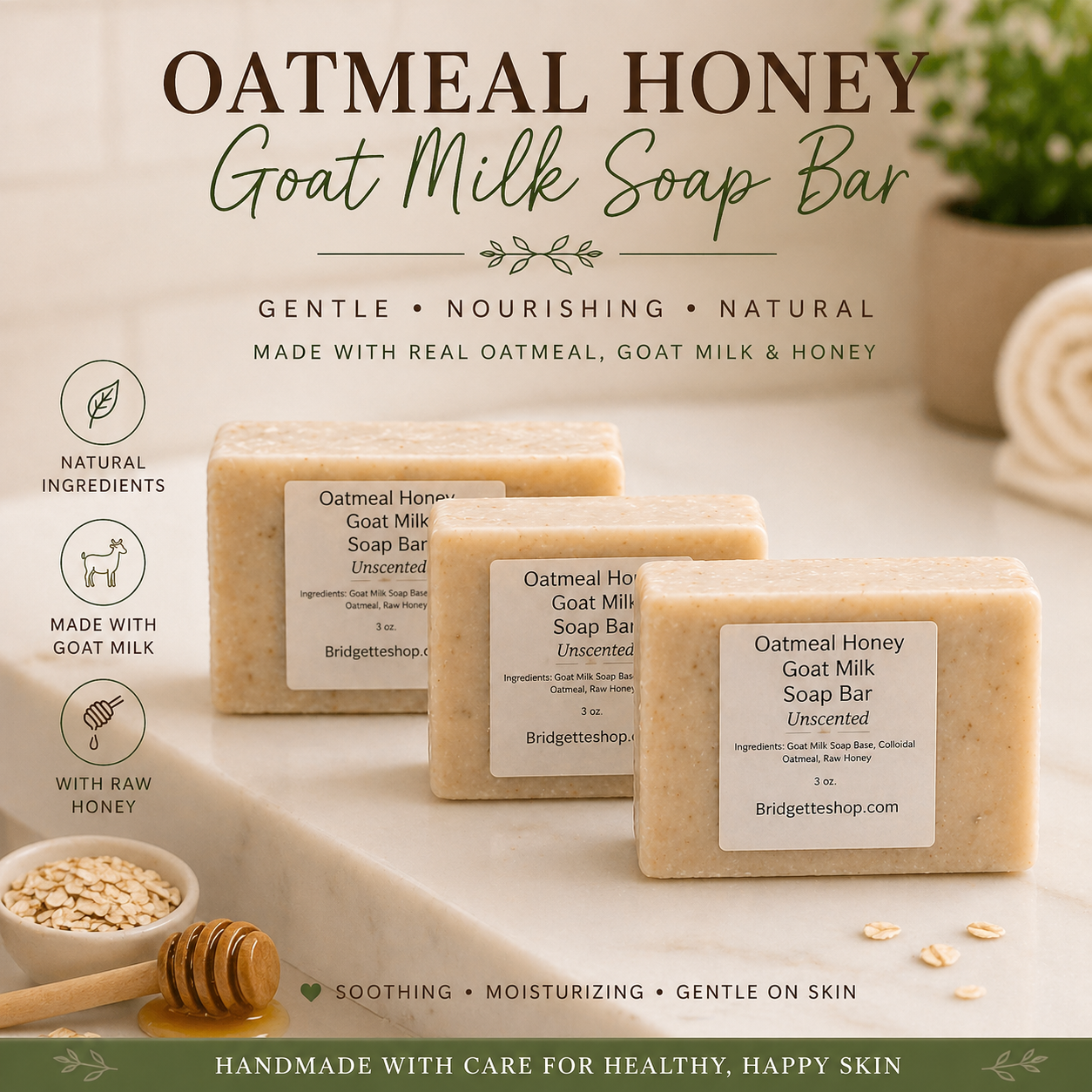 Oatmeal Honey Goat Milk Soap Bar with branding and product details on a neutral background.