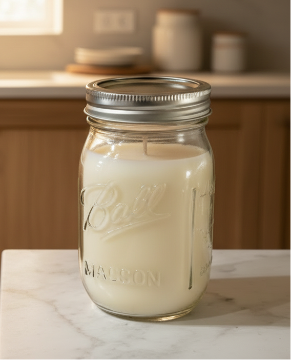 Mason jar with a lid on a kitchen counter