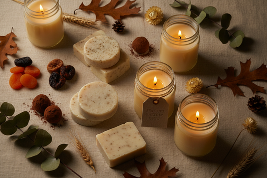 Uncolored natural soap bars and canning jar candles arranged with autumn leaves and dried botanicals on cream linen