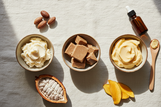 A flat lay of shea, cocoa, and mango butter in ceramic bowls on a cream linen surface with natural props and soft lighting