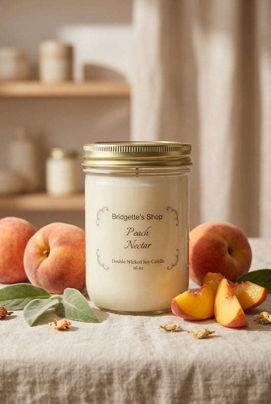 A double-wick soy candle in a clear glass jar with a gold lid and cream-colored wax, labeled 'Peach Nectar' by Bridgette's Shop. The candle is styled on a linen tablecloth with fresh peaches, green leaves, and scattered flower petals, with a softly blurred rustic background.