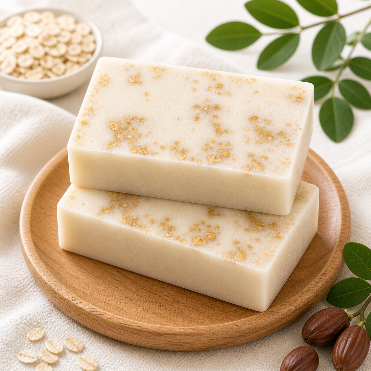 Two bars of soap with visible ingredients on a wooden plate, surrounded by leaves and seeds.