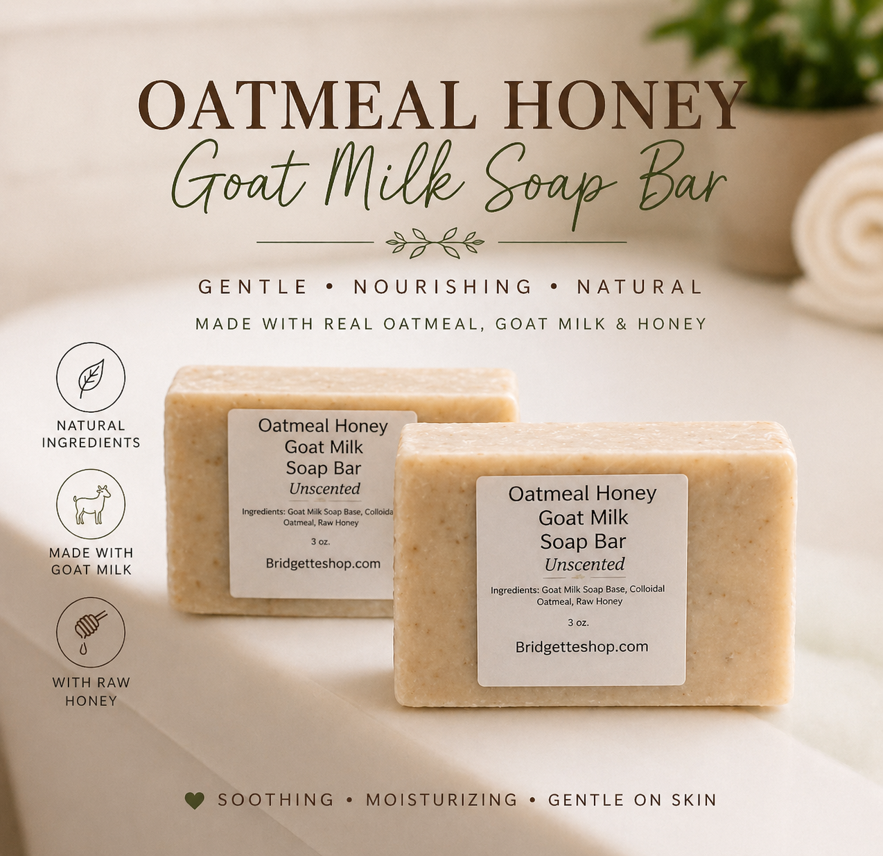 Two oatmeal honey goat milk soap bars with branding and product details on a neutral background.