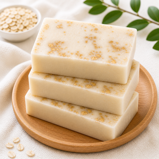 Three bars of soap with visible oatmeal pieces on a wooden plate, with a bowl of oats and green leaves in the background.