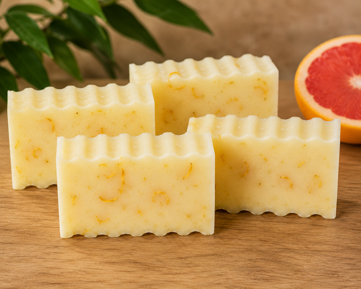 Four rectangular bars of pale yellow soap with orange zest inclusions, arranged on a wooden surface with a grapefruit half and green leaves in the background.