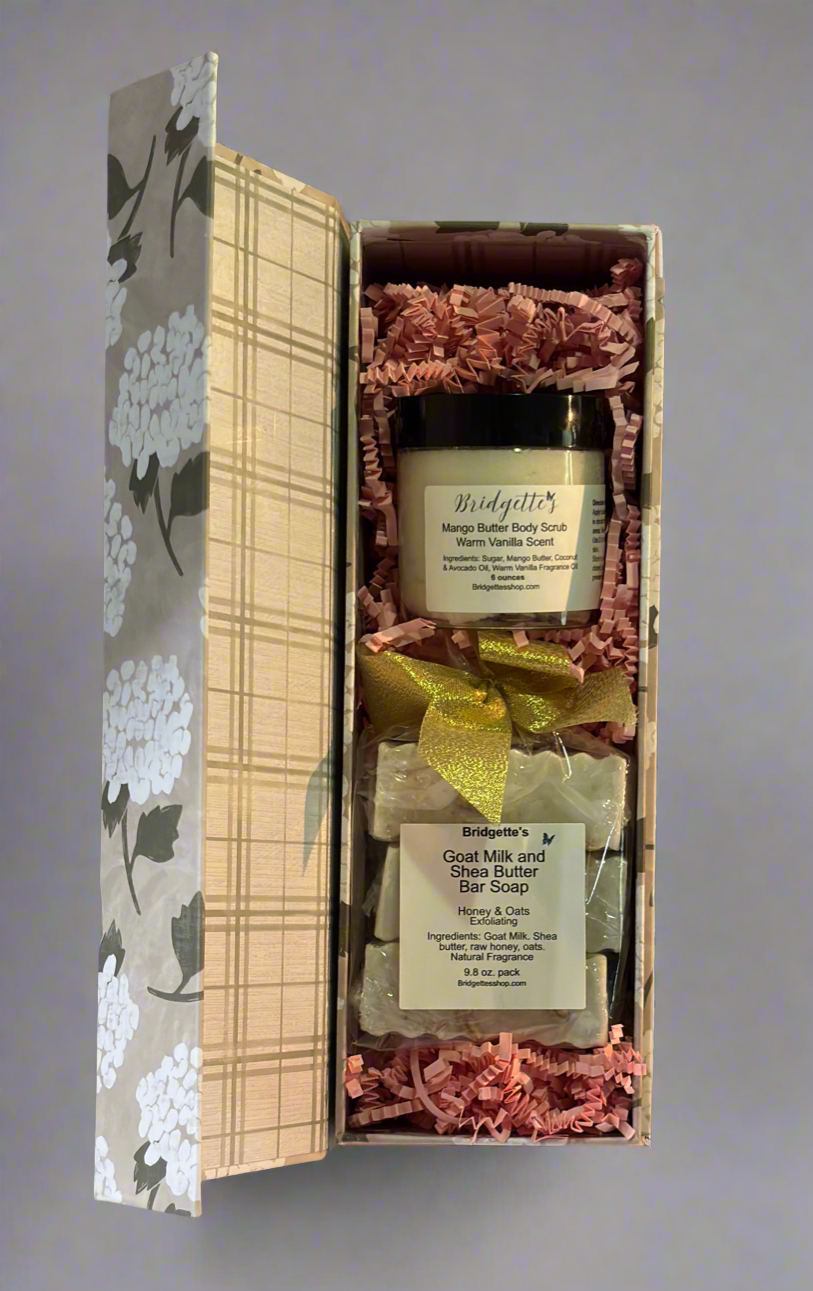 Gift Set -Pink Mango Butter Body Scrub Warm Vanilla Scent & Goat Milk/Shea Butter Bar Soap