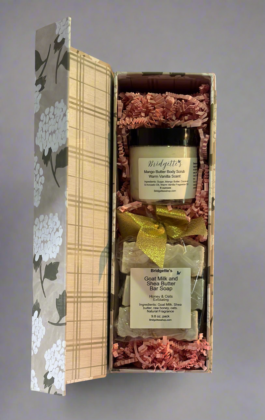 Gift Set -Pink Mango Butter Body Scrub Warm Vanilla Scent & Goat Milk/Shea Butter Bar Soap