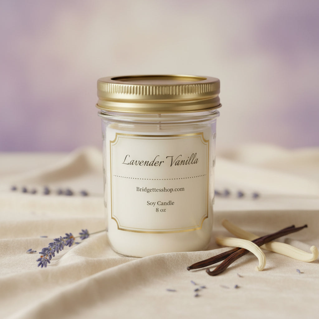 Soy candle in a mason jar with a lavender vanilla scent on a wooden surface.