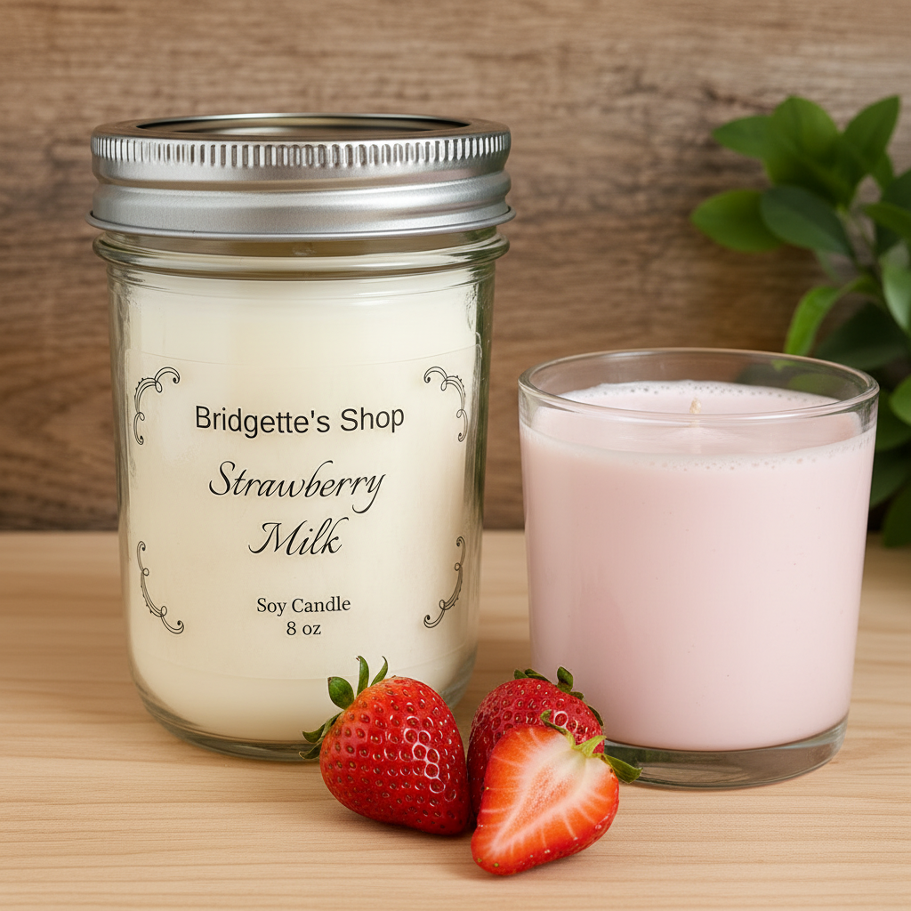 A jar candle labeled 'Bridgette's Shop Strawberry Milk' sits on a wooden surface next to a glass of pale pink liquid, with two strawberries in front. The candle is in a clear mason-style jar with a silver lid, and the scene is set against a rustic wood and blurred greenery background.