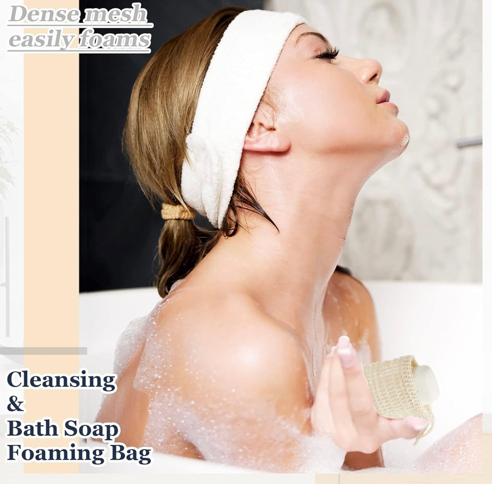 Woman in a bathtub with a foaming bath bag, text about cleansing and bath soap.