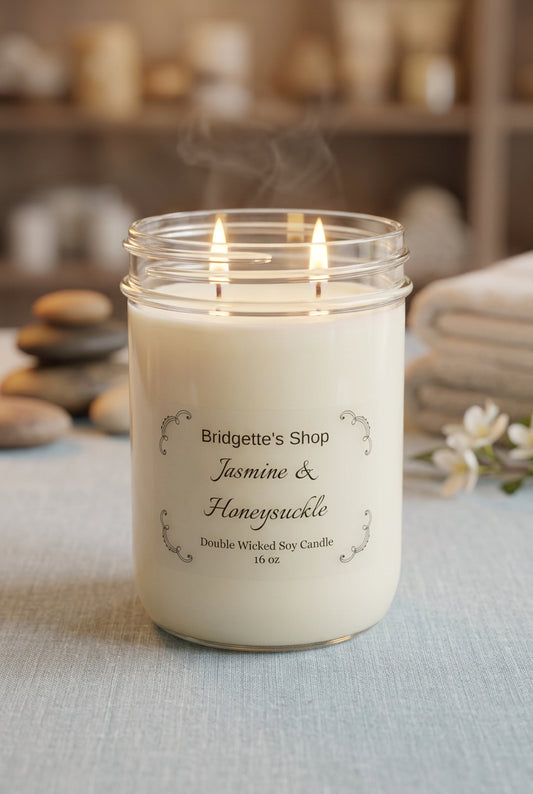 A double-wick soy candle in a clear glass jar with white wax, lit and shown on a light blue fabric surface. The label reads 'Bridgette's Shop Jasmine & Honeysuckle'.