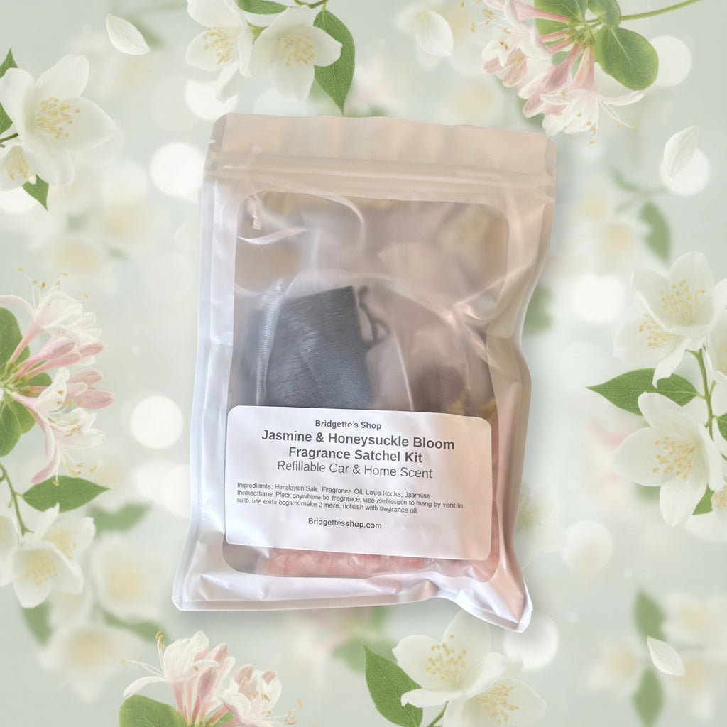 Fragrance satchel kit labeled 'Jasmine & Honeysuckle Bloom' by Bridgett's Shop on a wooden surface.
