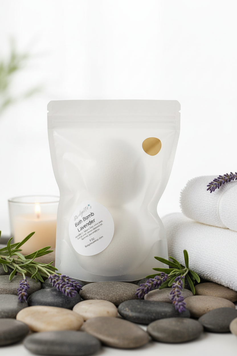 White bag labeled 'Bath Bomb Lavender' with lavender flowers and stones on a white background