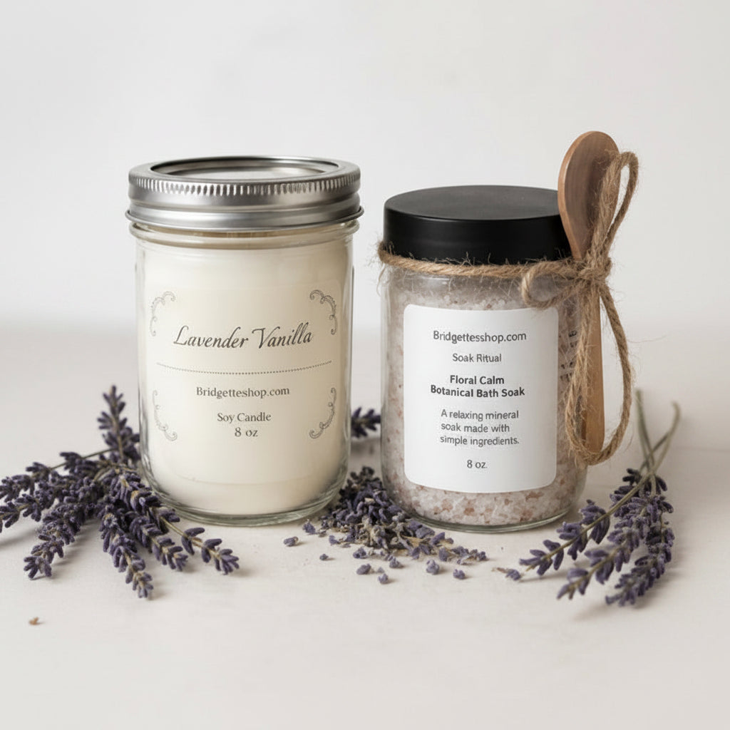 Relax & Unwind Gift Set – Soy Candle + Bath Soak Bundle