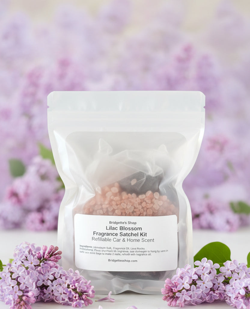 Lilac Blossom Fragrance Satchel Kit packaging on a wooden surface
