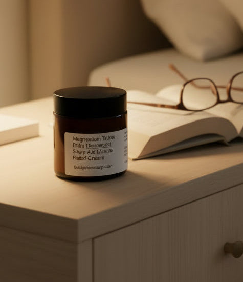 Jar of magnesium tallow balm with a black lid on a white surface