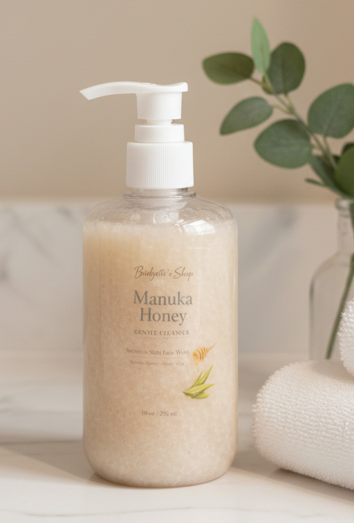 Manuka Honey bottle on a neutral background with a plant