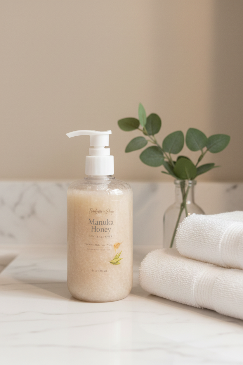 Bottle of Manuka Honey product on a marble surface with towels and a plant in the background