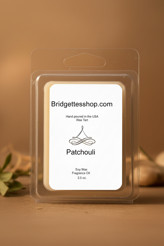 Wax tart packaging with 'Bridgettesshop.com' label on a wooden surface