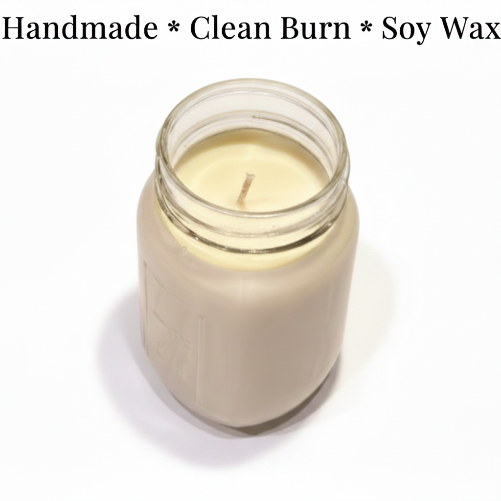 Handmade soy wax candle in a glass jar on a marble surface with text overlay.