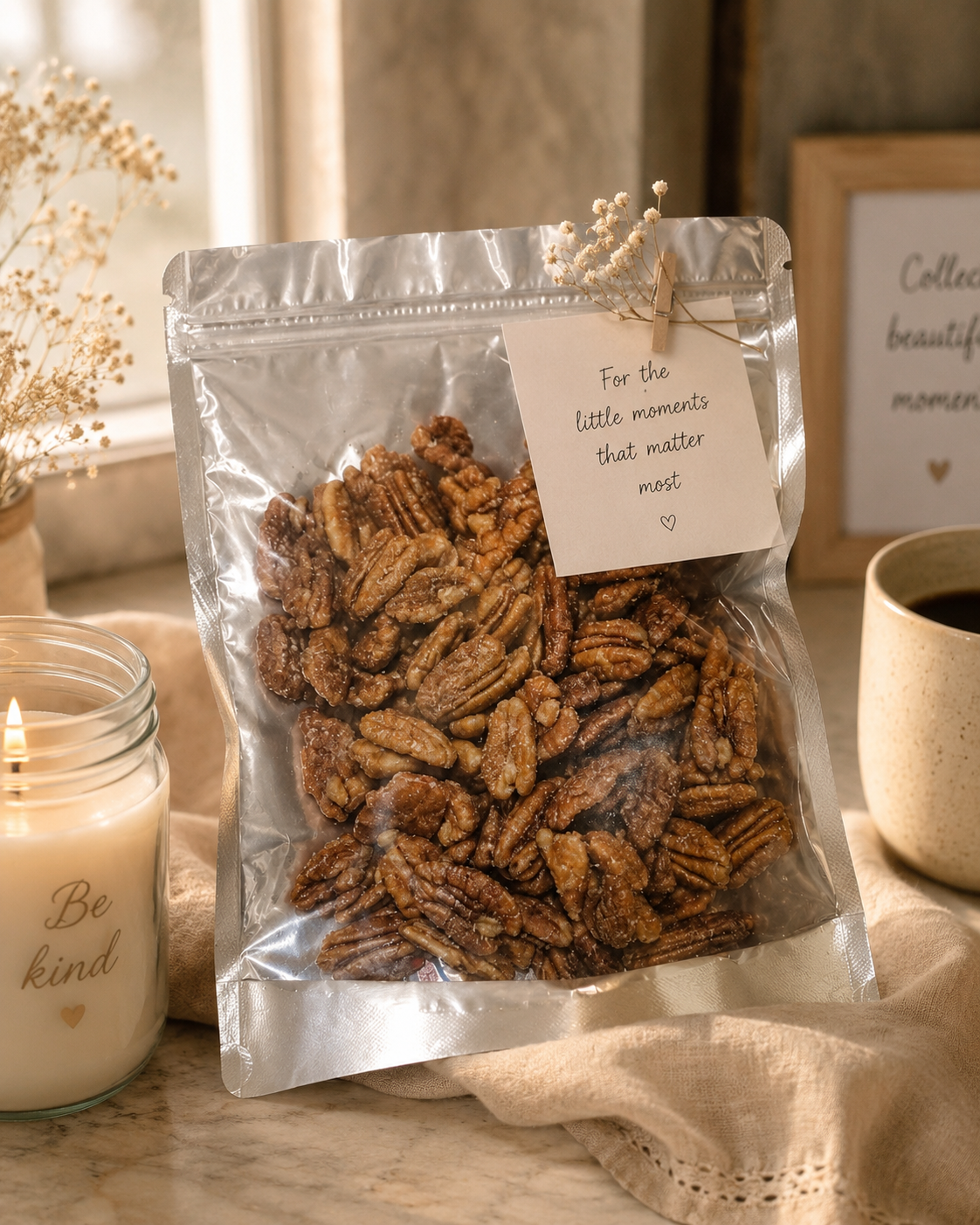 Packaged roasted pecans with a tag on a wooden surface with a candle and cup in the background.