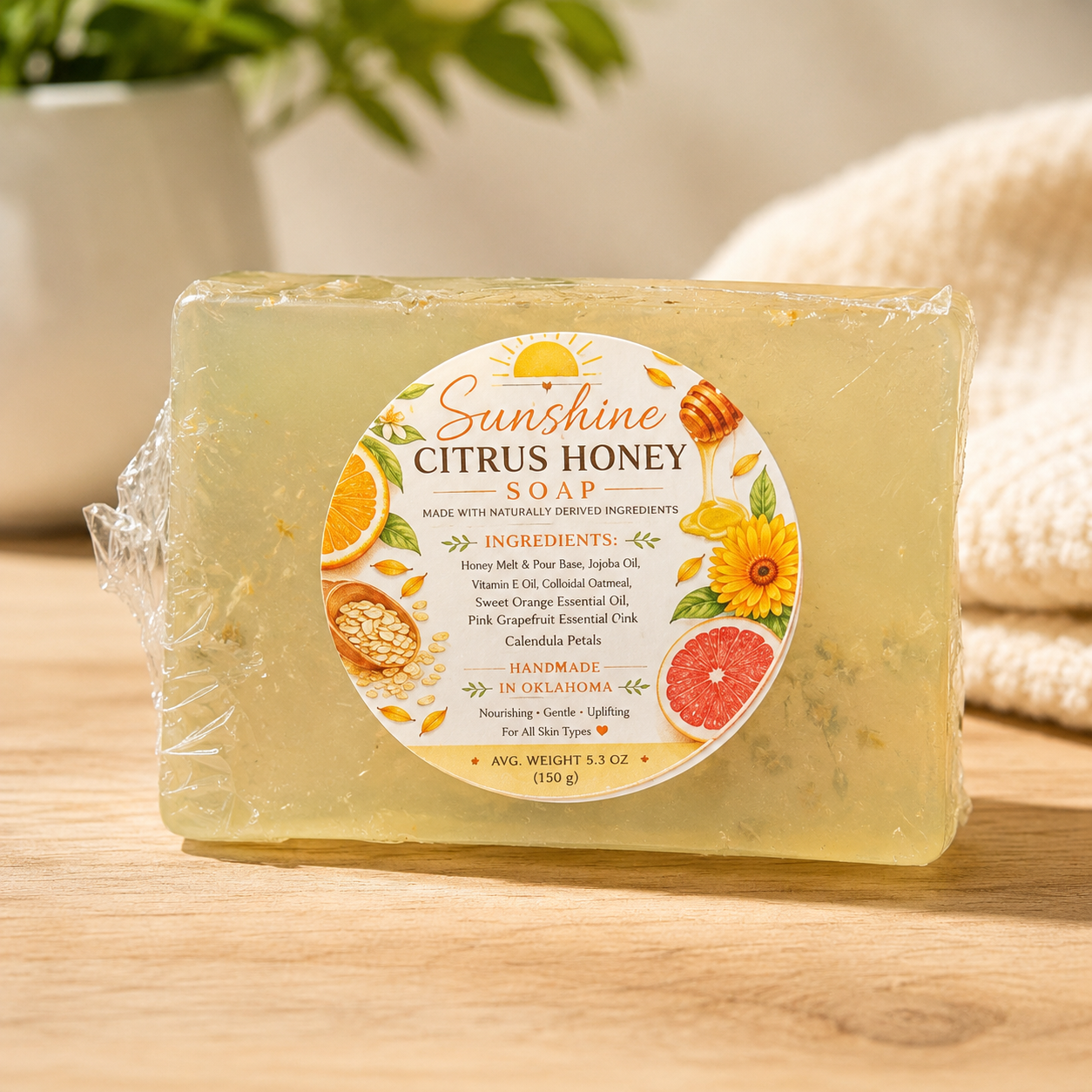 A bar of Sunshine Citrus Honey Soap wrapped in clear plastic, featuring a round white label with orange, yellow, and pink citrus illustrations, set on a wooden surface with a soft, blurred background.
