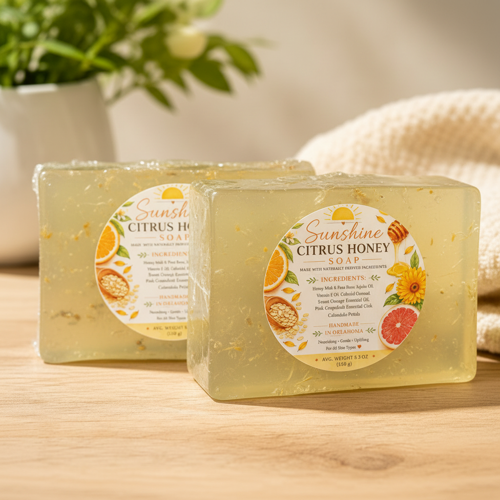 Two bars of Sunshine Citrus Honey Soap displayed on a light wooden surface, with a soft beige knit blanket and a blurred green plant in the background.