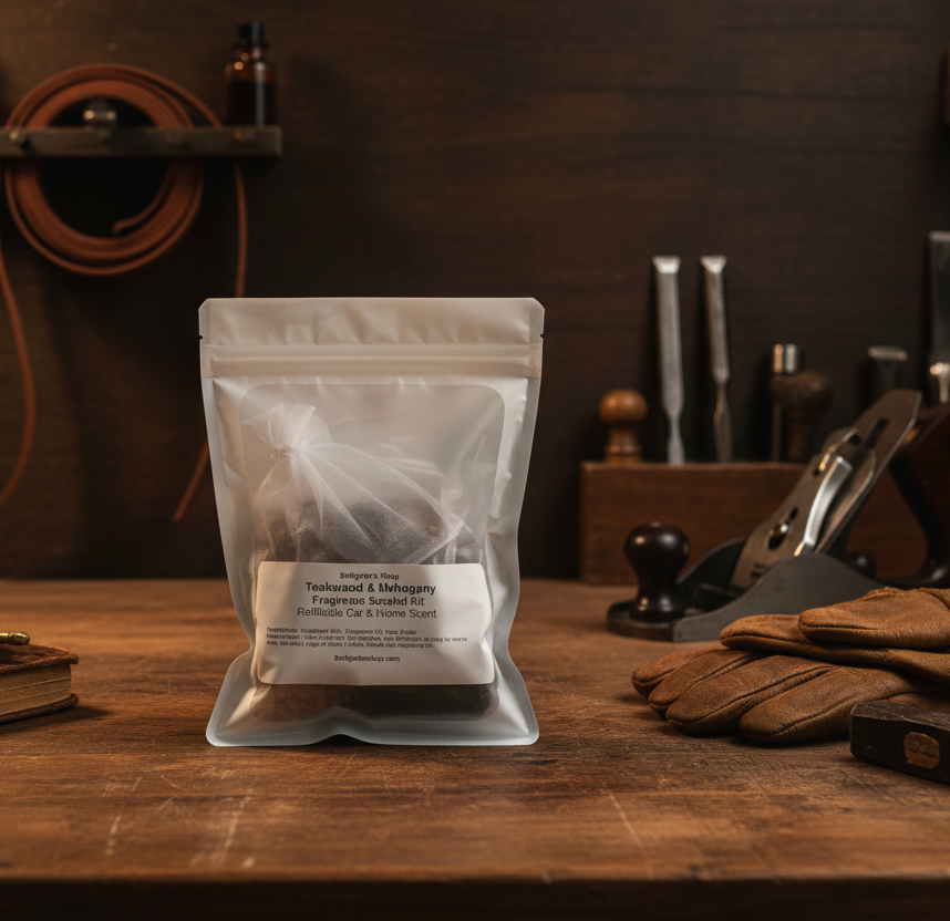 Clear packaging with product on a wooden table with tools and books in the background