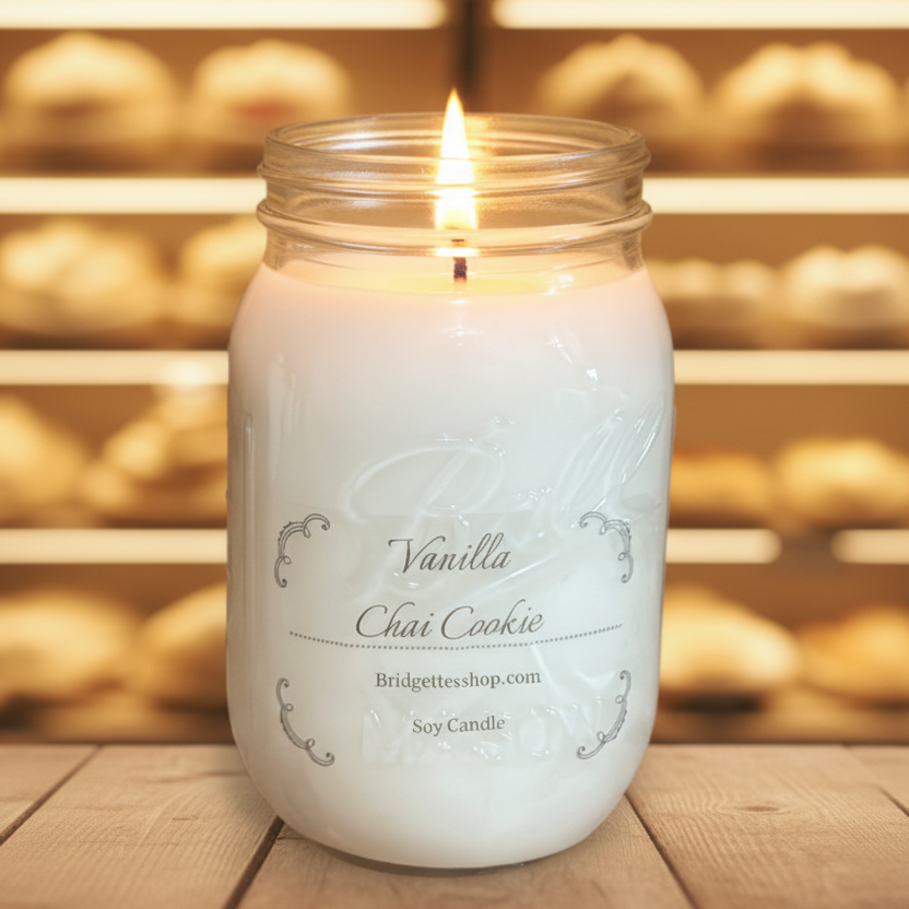 Vanilla Chai Cookie candle in a mason jar with a blurred background