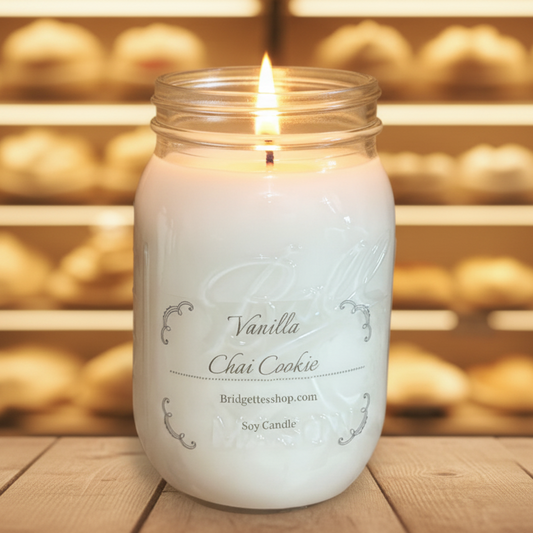 Vanilla Chai Cookie candle in a mason jar with a blurred background
