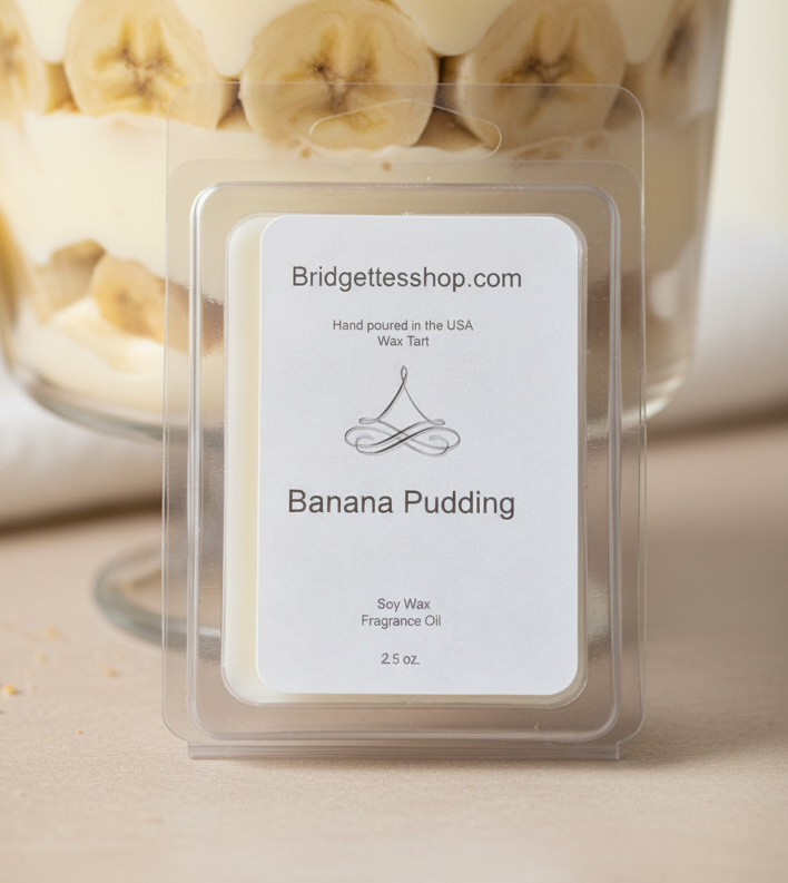Bridgettesshop.com wax tart labeled 'Banana Pudding' with a jar of banana slices in the background.