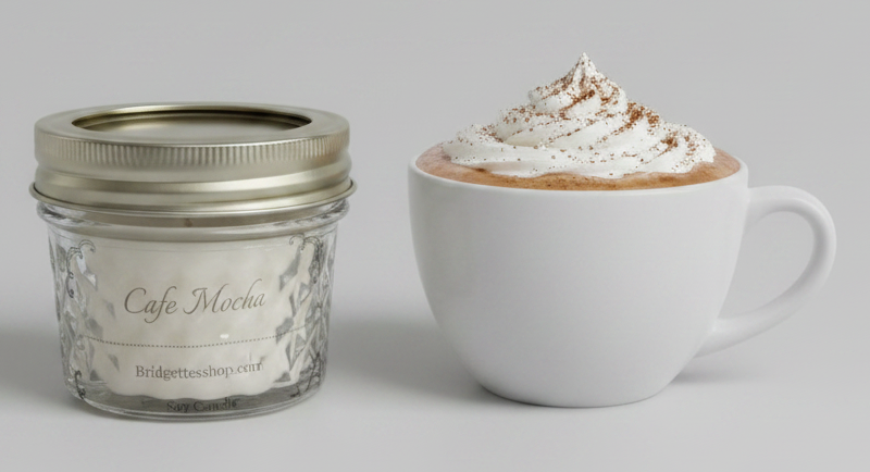 Jar labeled 'Cafe Mocha' next to a cup of hot chocolate with whipped cream on a light gray background