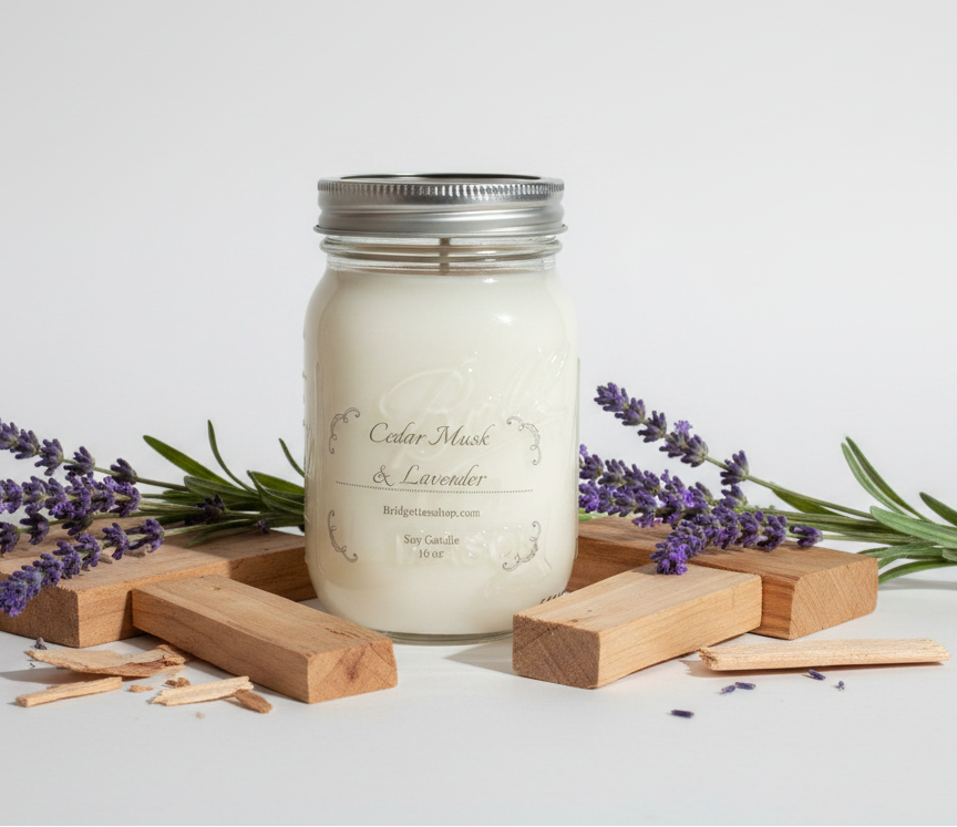 Candle in a mason jar with lavender flowers and wooden matches on a light background