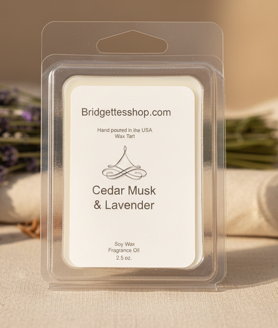 Wax tart packaging with 'Bridgettesshop.com' branding and 'Cedar Musk & Lavender' description.