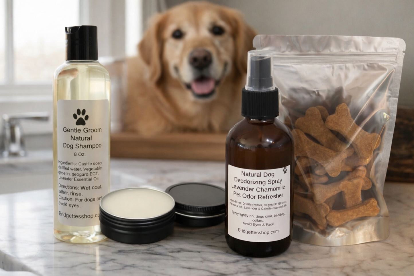 Full Pampered Pup Spa Bundle- Dog Treats/Groom Shampoo/Dog Paw Balm/Deodorizing Spray