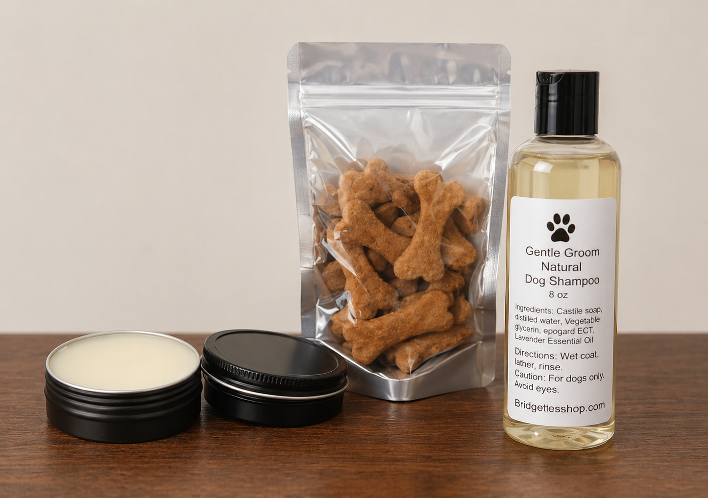 Dog Treat Gift Set Peanut Butter Pumpkin Treats, Groom Shampoo and Paw Balm Bundle