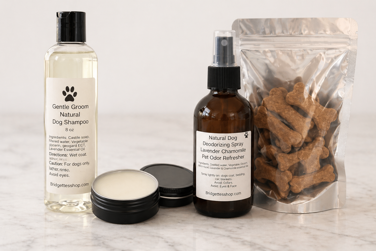 Full Pampered Pup Spa Bundle- Dog Treats/Groom Shampoo/Dog Paw Balm/Deodorizing Spray