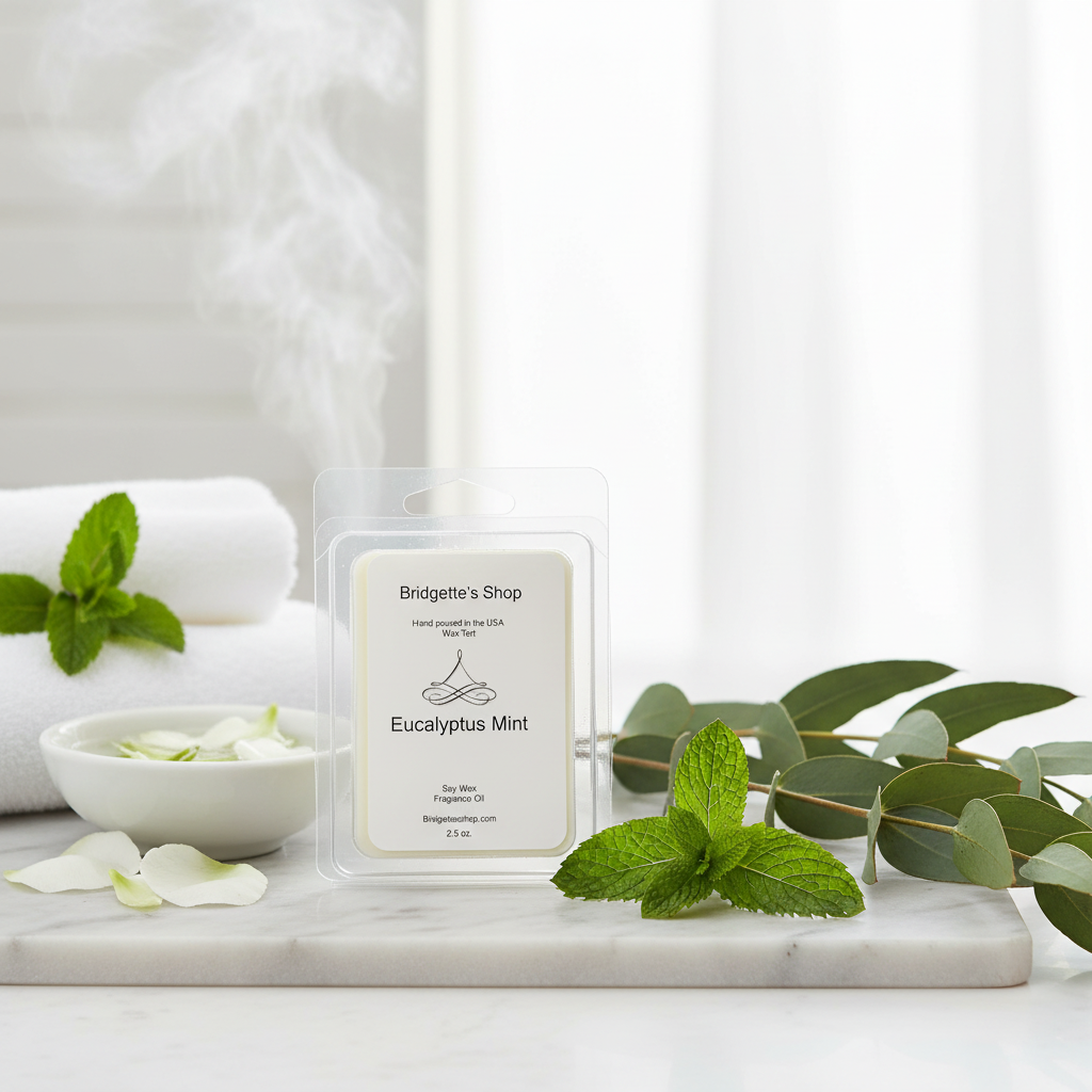 Eucalyptus Mint wax melt packaging with mint leaves on a marble surface