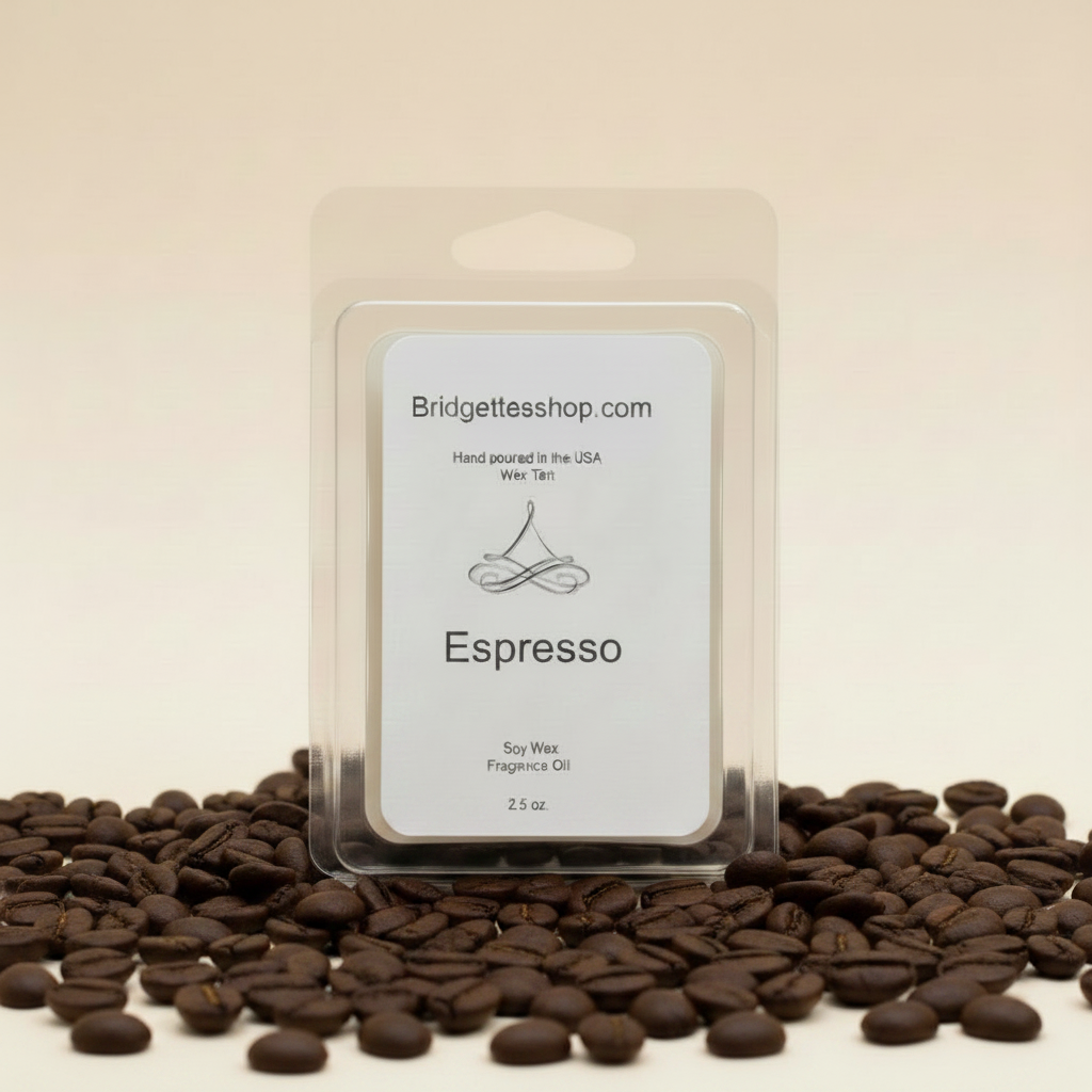 Wax melt packaging with 'Bridgettesshop.com' branding on a brown background
