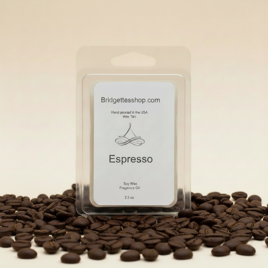 Wax melt packaging with 'Bridgettesshop.com' branding on a brown background